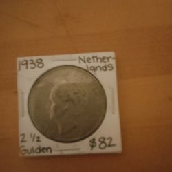 1938 Netherlands 2 1/2 Gulden Silver