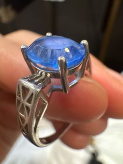 Silver-Tone Ring With Large Faceted Blue Stone