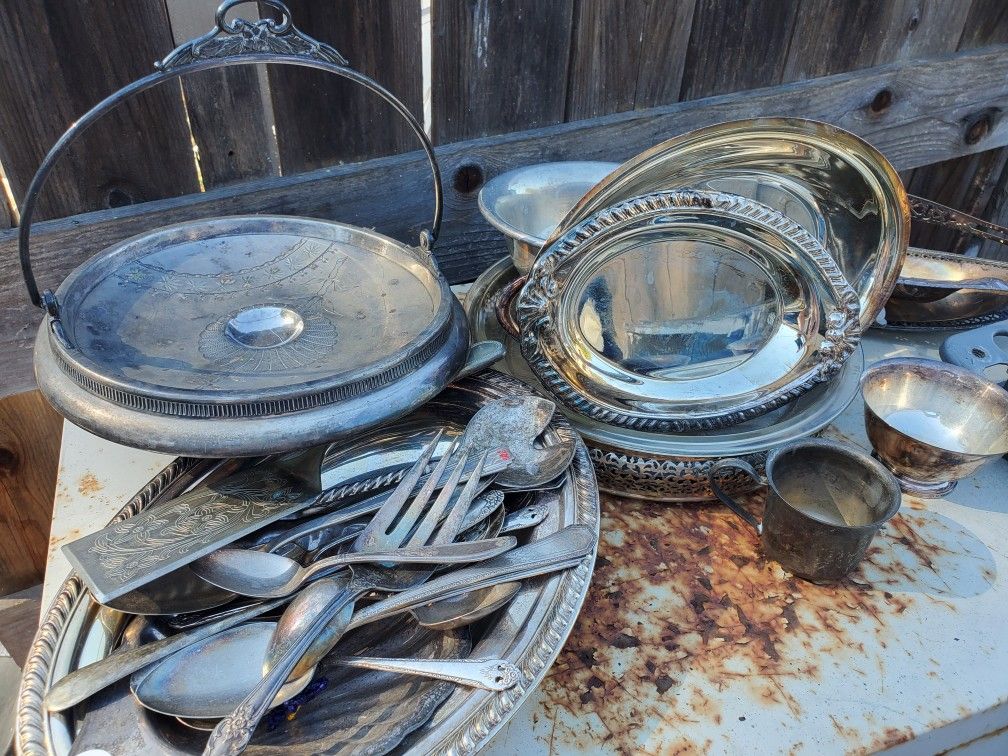 Victorian / Antique / Vintage Silverplate Serving Trays Lot Silverware Etc