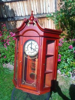 Vintage Wooden Curio Clock w pendulum Glass doors Westminster Whittington Quartz 20" long x 6" thick