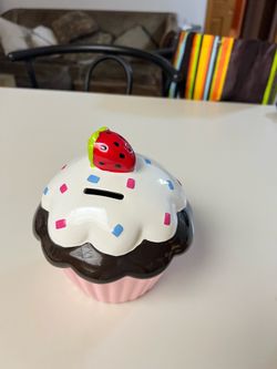 7” Large Strawberry Cupcake Piggy Coin Bank Ceramic  7” Decor 2013 Collection
