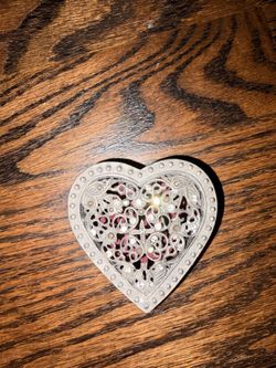 Silver Filigree Heart Brooch with Rhinestones