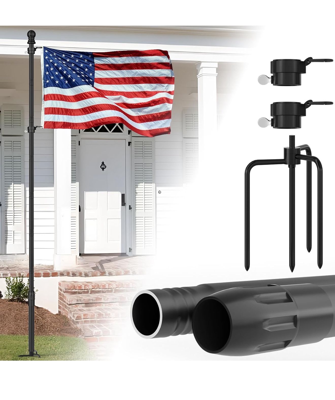 10 FT Black Heavy Duty Flag Poles Outside in Ground with 4 Pronges Base, Extra Thick Rust-Proof Flag Pole Kit for Yard Outdoor Garden Decor Residentia