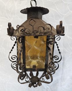 Gorgeous Vintage Spanish Revival Wrought Iron Lantern with Amber Glass