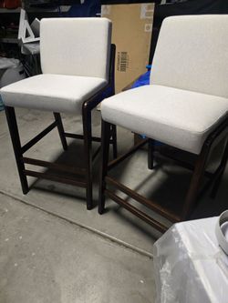 Lemora Modern 42.25 in. H Dark Walnut Finish Solid Wood and Beige Upholstered Bar Stools with Footrest, Set of 2