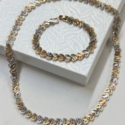 14k Premium Gold Plated Tri- Color Set Necklace And Bracelet 