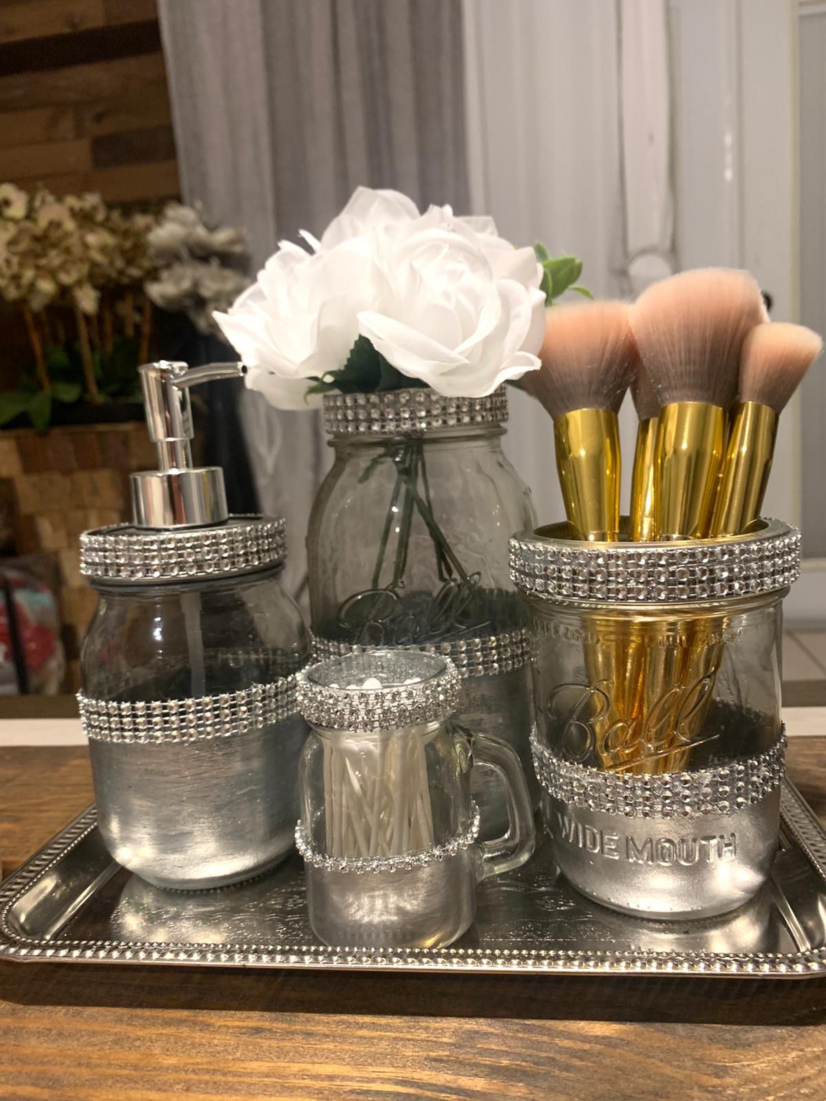 7 pieces mason jars silver ,with flowers I can make it in any color