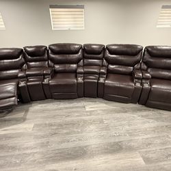 4-Seat Brown Leather Home Theater Recliner Set with Cup Holders