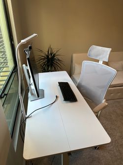 Modern Home Office Set – Standing Desk + Ergonomic Chair + Dell Monitor + Wireless Keyboard + Webcam + LED Desk Lamp