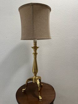 Vintage Brass Candlestick Tripod Table Lamp 29" Tall w/ Linen Shade - MCM Hollywood Regency
