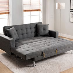 GRAY  Tufted Linen Fabric REVERSIBLE Sectional Sofa Bed. 👍FREE FINANCING AVAILABLE 👉 0️⃣ DOWN PAYMENT ❗NO CREDIT CHECK❗ 