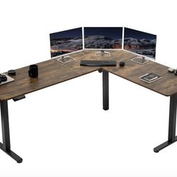 VIVO Electric Corner L-Shaped 75 x 63 in Rustic Standing Desk, Memory Height Adjustment, Vintage Brown Top Black Frame, Retails $399 