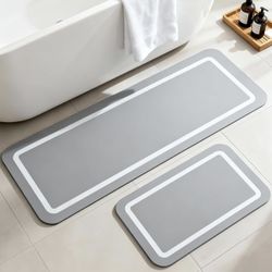 Soft Diatomaceous Earth Bath Mat, Quick Dry Bathroom Mats 2 Piece, Gray Super Absorbent Bath Mat Set, Washable Non Slip Bathroom Rugs, Stone Bath Mats