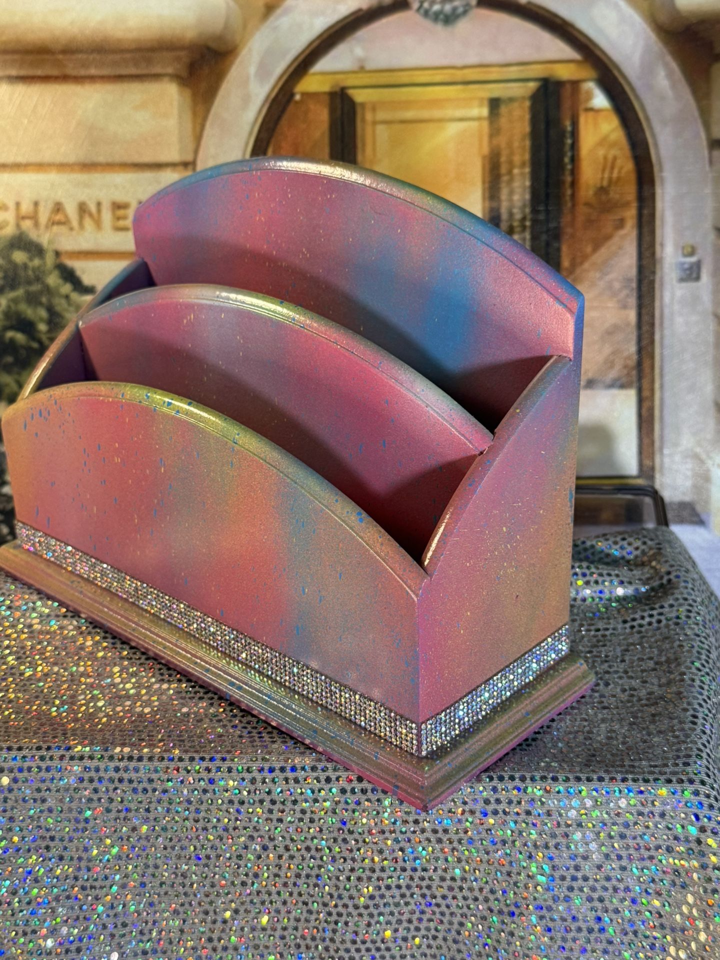 Custom Designed Rainbow & Rhinestoned Desk Organizer