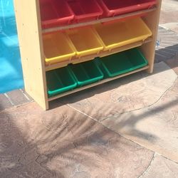 X12 plastic colorful organizer storage bin & wood rack shoes toys kitchen goods pool deck garden