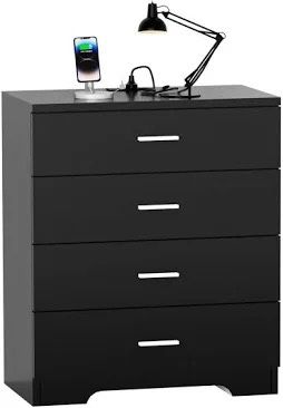 Dresser with Power Outlets Wooden 4 Drawer Dresser with USB and Type C Port Chest of Drawers for Bedroom Tall Black Dresser Storage for Living Room Ha