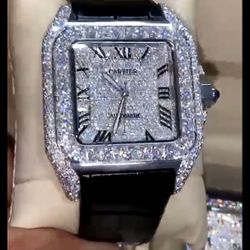 Cartier Santos Iced Diamond Watch – Stainless Steel w/ Black Leather Band