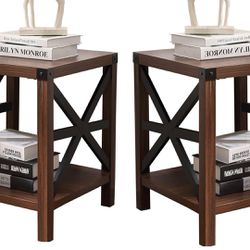 Set Of 2 Lipo End Table, Small Side Table with Storage Shelf, Rustic Nightstand Farmhouse Industrial Modern Mid Century Wood Night Table for Living Ro
