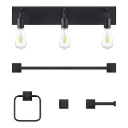 Globe Electric 24 in. 3-Light Matte Black Vanity Light with Bath Hardware Kit (5-Piece)