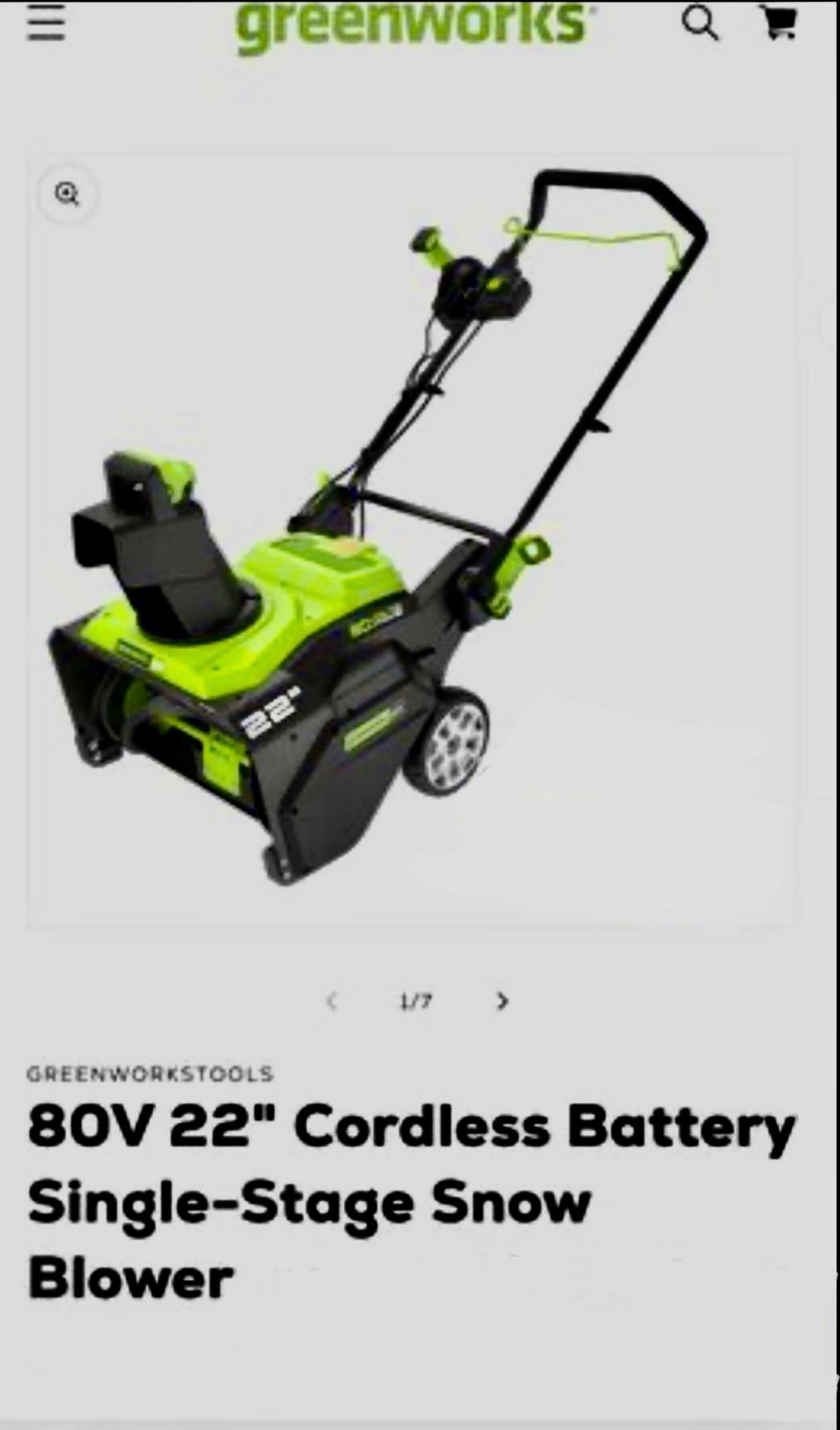Greenworks 80 volt Snowblower, NEW Out Of Box. TOOL ONLY