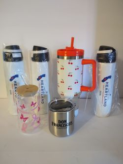 Brand new 5 metal tumblers and one glass tumbler