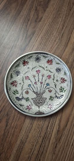 Decorative Metal Plate with Floral Enamel Design