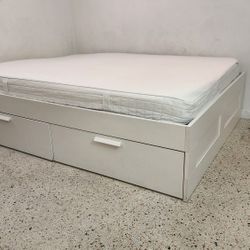 IKEA White BRIMES Queen 4 Drawer Storage Bed With Memory Foam Mattress - $200