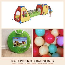 3-in-1 Pop Up Play Tent with Tunnel + Ball Pit Balls – Kids Playhouse