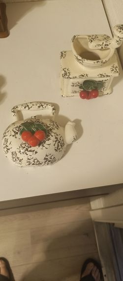 Vintage Mid 20th century ceramic decorative cherry coffee grinder and tea pot.
