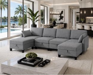 110" U Shaped Sectional Sofa with Storage, Convertible Modular with Ottomans, Linen , Light Gray L-11