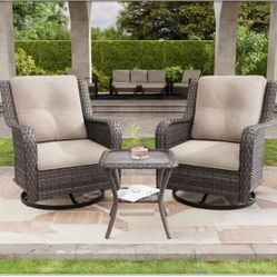 3-Piece Wicker Patio Swivel Outdoor Rocking Chair Set with Beige Cushions and Table