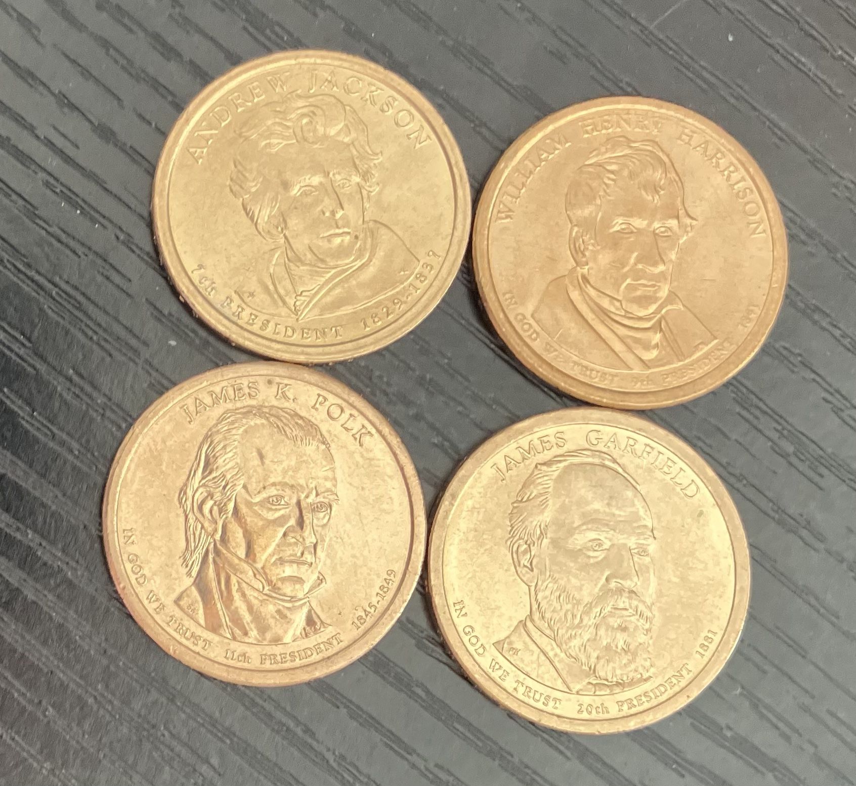 4 President gold tone coins:7,9,11 20th