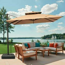Crestlive Products 10-ft Aluminum Tan Crank Cantilever Patio Umbrella with Base, solar lights and speaker