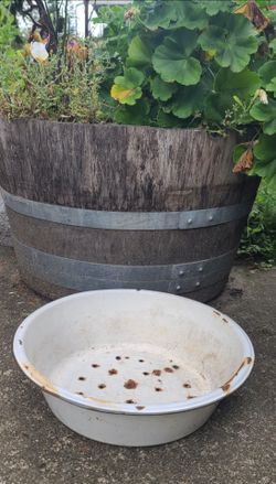 Large Vintage White Enamelware Tub Planter With Black Rim