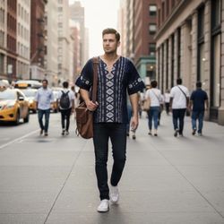 Men's Mexican Traditional Guayabera Henley Neck ¾ Sleeves shirt, Size Small