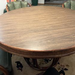 Vintage Boho Rattan Circle Dining Table & 4 Matching Green Chairs