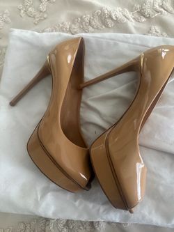 Nude Patent Leather Platform Peep-Toe Heels