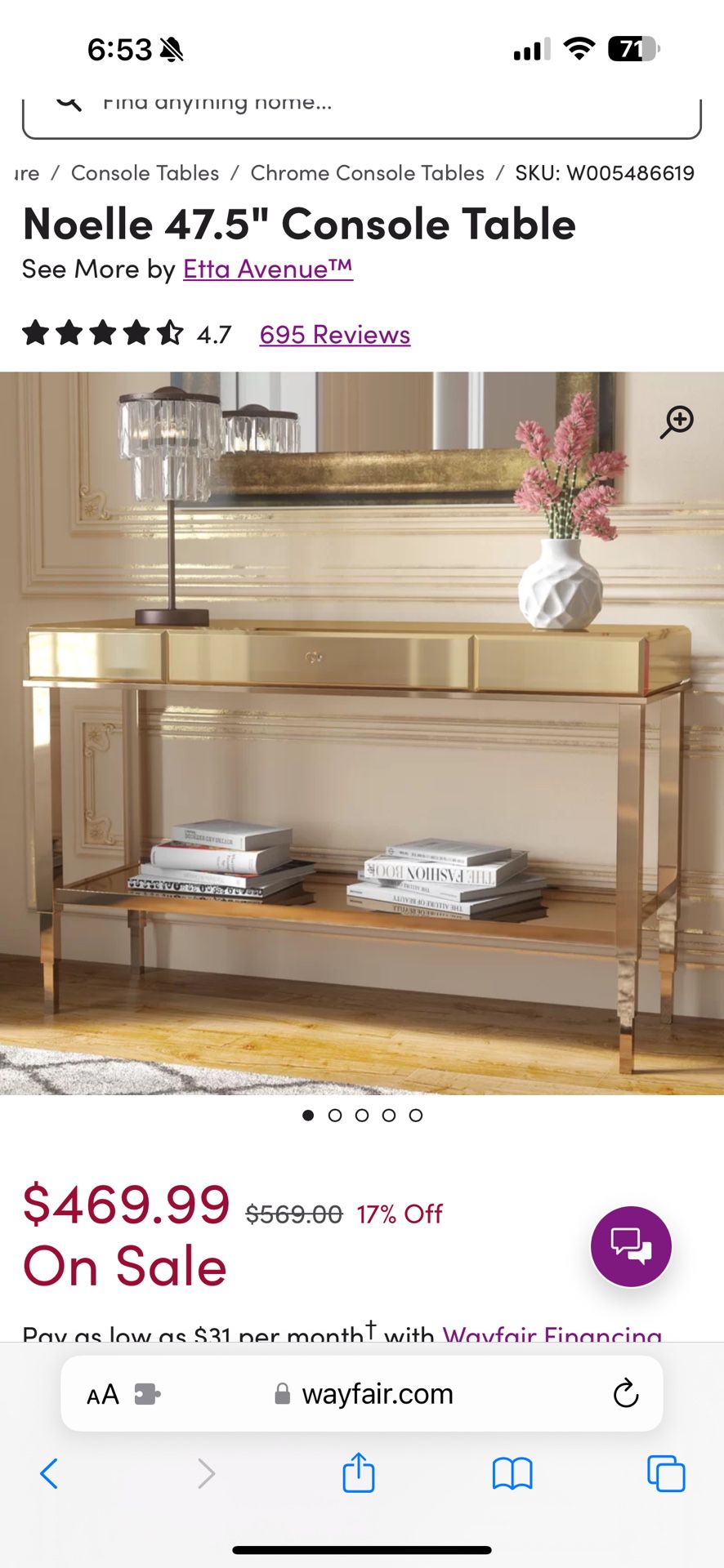 Gold Console Table Like New! 