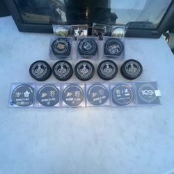 Hockey Puck Wall Mount Stand With Several Hi my Pucks Some Signed Some CERTS 