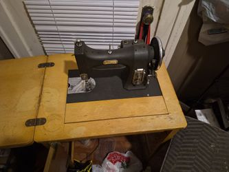 Vintage White Sewing Machine with Cabinet
