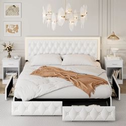 KING SIZE LED Platform Bed, PU Upholstered Bed with Storage Drawers, RGB Lighting & Music Sync, Adjustable Headboard, No Box Spring Needed, Easy Assem