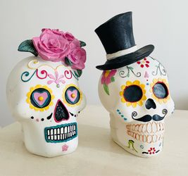 Set of 2 Skull Skulls Bride Groom Day of the Dead Wedding Couple Halloween