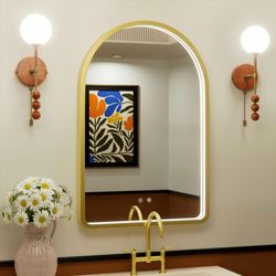 JSneijder 24x36 Inch Arched Gold LED Mirror For Bathroom, Adjustable 3000K/4500K/6000K, Wall Mounted Framed Lighted Bathroom Vanity Mirror With Lights