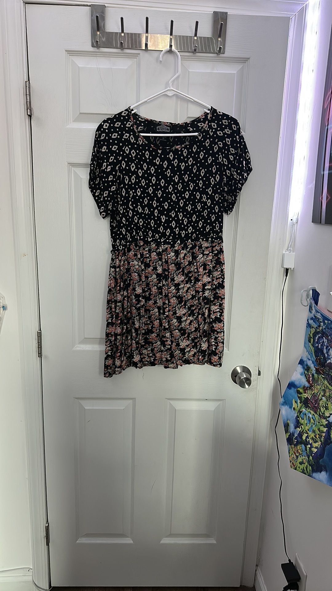 Angie Boho Mixed Print Dress – Ikat & Floral, Short Sleeve, Size Small