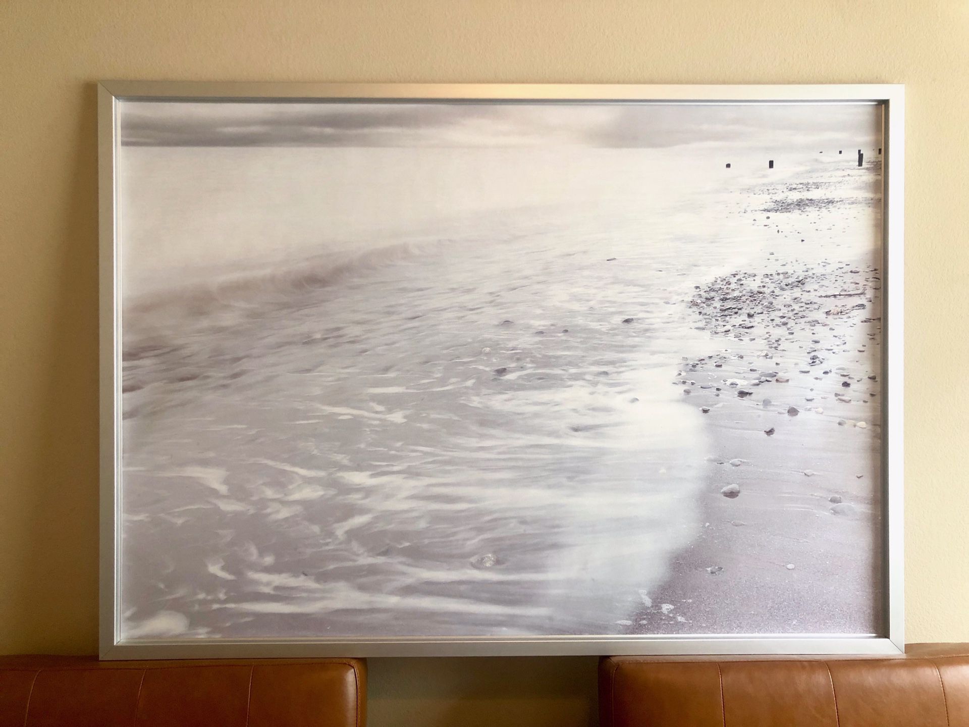 Large beach scene print in silver frame 39”x55”