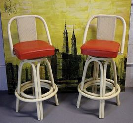 VOGUE RATTAN KY USA Retro Bentwood Cane Back Vinyl Seats Swivel Bar Stools