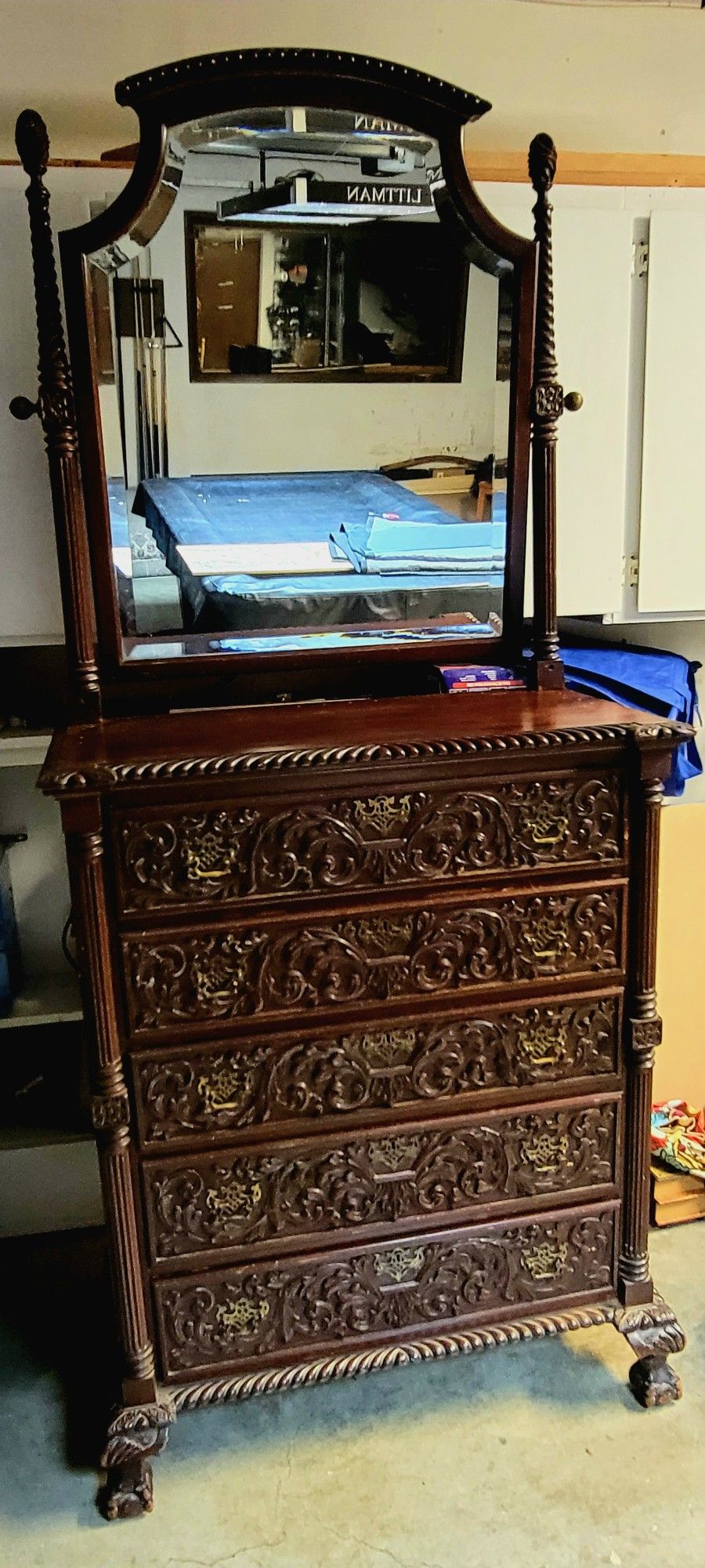 Antique Carved Chippendale Revival dresser with tilt mirror made from cherry wood