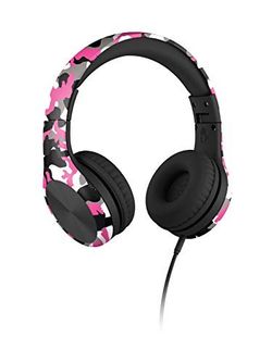 LilGadgets Connect+ PRO Kids Premium Volume Limited Wired Headphones with SharePort and Inline Microphone (Children) - Pink Camo