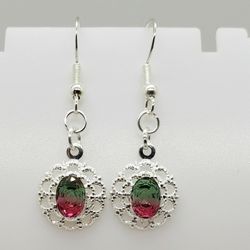Watermelon Tourmaline Silver Earrings