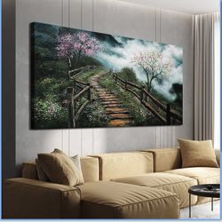Modern Art Wall Decor Mountain Foggy Trail Flowers